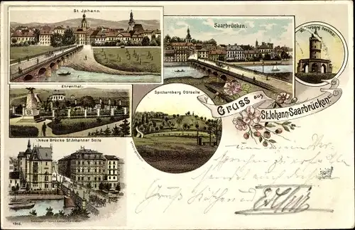 Litho St. Johann Saarbrücken im Saarland, Ehrental, Neue Brücke, Spichernberg, Wittenbergdenkmal