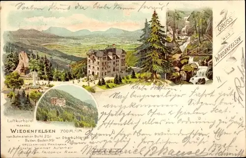 Litho Bühlertal im Tal des Sandbachs Baden Württemberg, Gruß aus Wiedenfelsen, Luftkurhotel