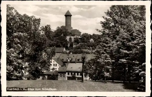 Ak Auerbach im Vogtland Sachsen, Blick zum Schlossturm, Grünanlage