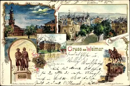 Litho Weimar in Thüringen, Schloss, Panorama, Denkmal Goethe, Schiller, Carl August, Ilmpartie