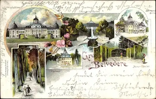 Litho Weimar in Thüringen, Hauptschloss, Schloss Belvedere, Orangeriegarten, Uhrhaus, Naturtheater