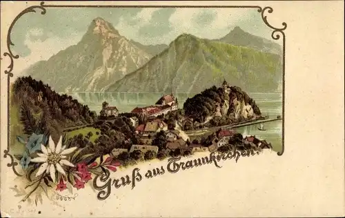 Litho Traunkirchen in Oberösterreich, Ortspanorama mit See und Bergen
