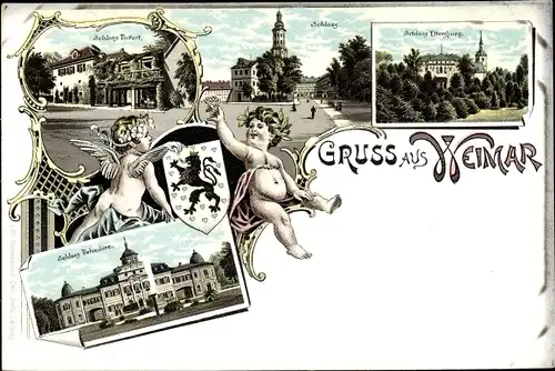 Litho Weimar in Thüringen, Schloss Tiefurt, Schloss Ettersburg, Schloss Belvedere, Wappen