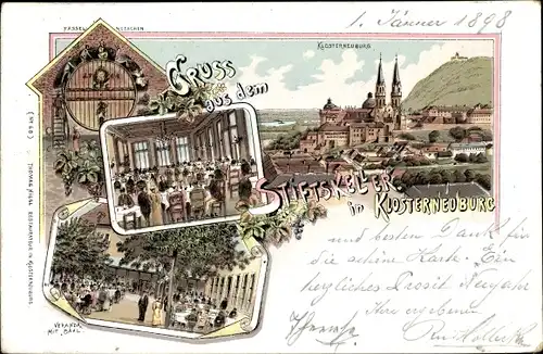 Litho Klosterneuburg in Niederösterreich, Stiftskeller, Fasselrutschen, Speisesaal, Veranda