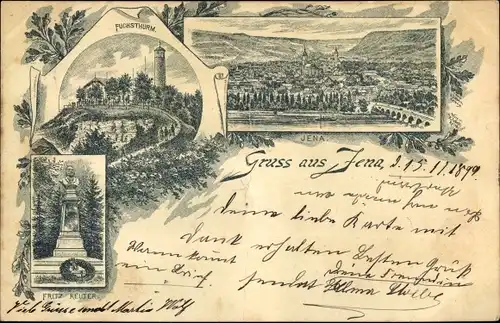 Litho Jena in Thüringen, Fuchsturm, Fritz Reuter Denkmal, Stadtpanorama