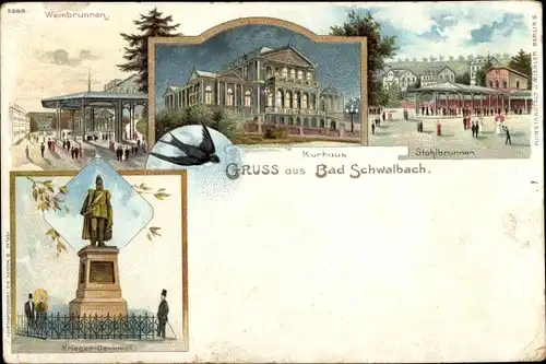 Litho Bad Schwalbach im Rheingau Taunus Kreis, Weinbrunnen, Kurhaus, Stahlbrunnen, Kriegerdenkmal