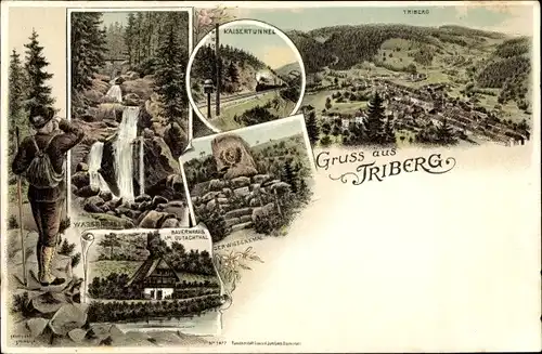Litho Triberg im Schwarzwald, Kaisertunnel, Gerwigdenkmal, Bauernhaus im Gutachtal, Wasserfall