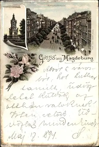 Vorläufer Litho Magdeburg in Sachsen Anhalt, Kaiserstraße mit Straßenbahn, Kriegerdenkmal