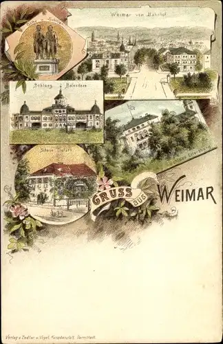 Litho Weimar in Thüringen, Panorama vom Bahnhof, Schloss Ettersberg, Belvedere, Tiefurt, Denkmal