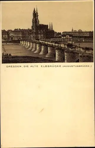 Litho Dresden Zentrum Altstadt, Die alte Elbbrücke, Augustusbrücke, Hofkirche