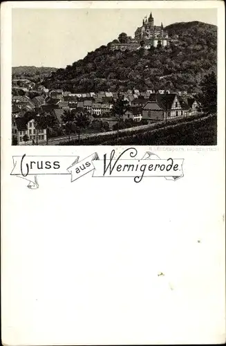 Litho Wernigerode am Harz, Teilansicht der Stadt, Aufblick zum Schloss