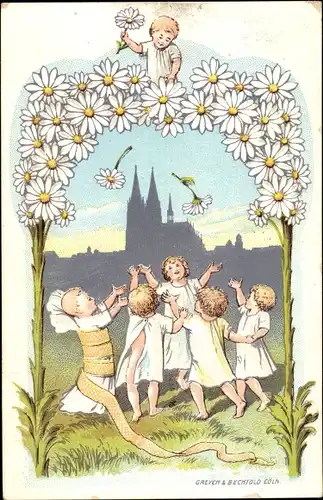 Litho Köln am Rhein, Kölner Blumentag, Dom, Tanzende Kinder, Kinderfürsorge