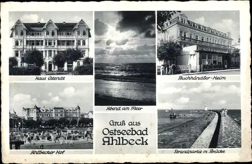 Ak Ostseebad Ahlbeck Heringsdorf, Haus Ostende, Buchhändlerheim, Ahlbecker Hof, Strand, Brücke
