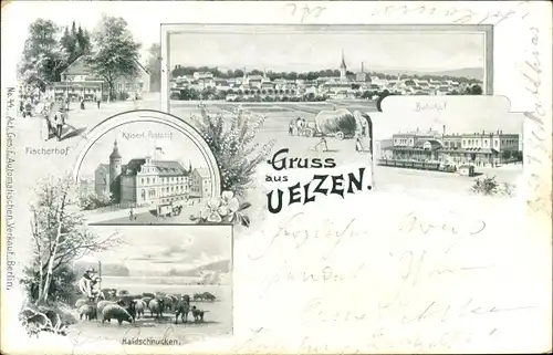 Ak Uelzen in Niedersachsen, Fischerhof, Bahnhof, Postamt, Haidschnucken, Hirte mit Schafherde