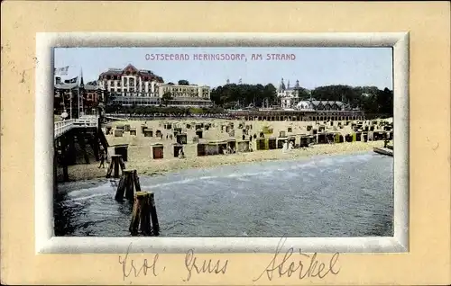 Passepartout Ak Ostseebad Heringsdorf auf Usedom, Partie am Strand, Kurhaus