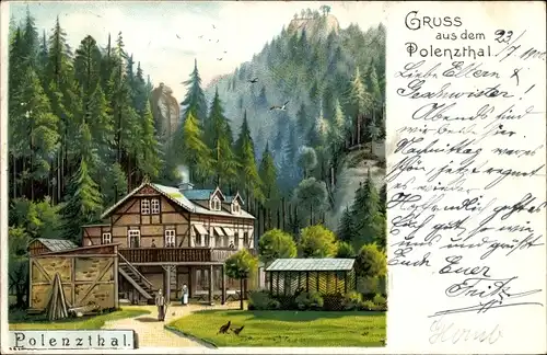 Litho Hohnstein in der Sächsischen Schweiz, Gruß aus dem Polenztal