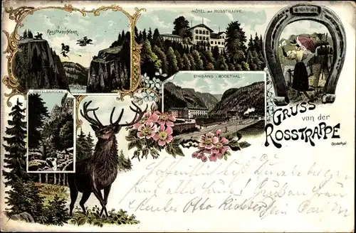 Litho Thale im Harz, Gruß von der Rosstrappe, Rosstrappfelsen, Hotel, Bodetal