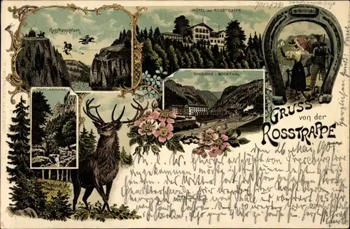 Litho Thale im Harz, Gruß von der Rosstrappe, Rosstrappfelsen, Hotel, Bodetal