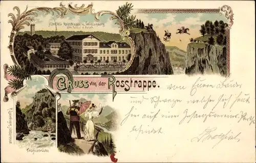 Litho Thale im Harz, Gruß von der Rosstrappe, Hotel, Sprung, Teufelsbrücke