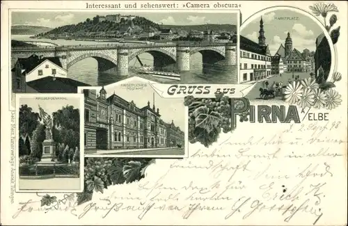 Litho Pirna in Sachsen, Brücke, Kriegerdenkmal, Postamt, Marktplatz