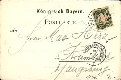 Litho Nürnberg, Bayr. Landesausstellung 1896, Staatl. Anstalten, Armeemuseum, Kulmbacher Bierhalle