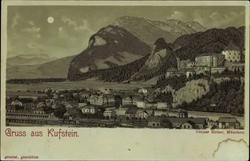 Mondschein Litho Kufstein in Tirol, Totalansicht vom Ort