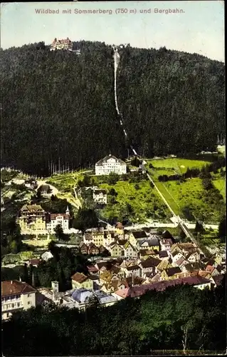 Ak Bad Wildbad im Kreis Calw Baden Württemberg, Blick auf den Ort mit Umgebung, Sommerberg, Bergbahn