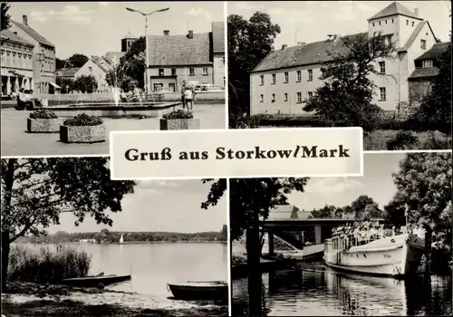 Ak Storkow in der Mark, Salondampfer P 144, Uferpartie, Marktplatz, Springbrunnen, Schloss