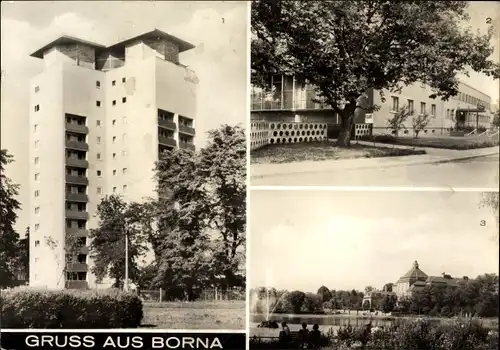 Ak Borna im Kreis Leipzig, Hochhaus, Kulturhaus, Breiter Teich, Polytechnische Oberschule