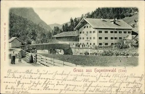Ak Hagenimwald Tirol, Teilansicht vom Ort, Brücke, Gasthof