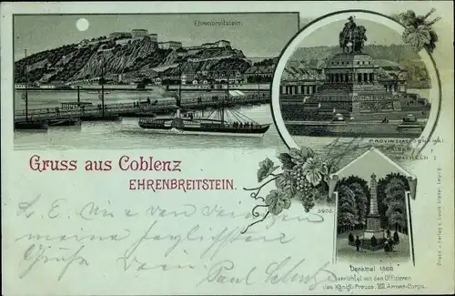Mondschein Litho Koblenz in Rheinland Pfalz, Ehrenbreitstein, Deutsches Eck