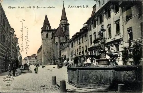 Ak Ansbach in Mittelfranken Bayern, Oberer Markt mit St. Johanniskirche