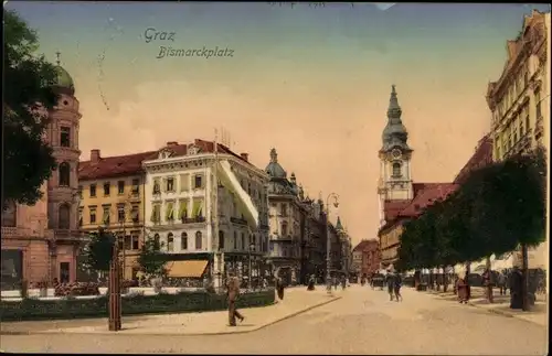 Ak Graz Steiermark, Bismarckplatz, Straßenpartie, Kirchturm