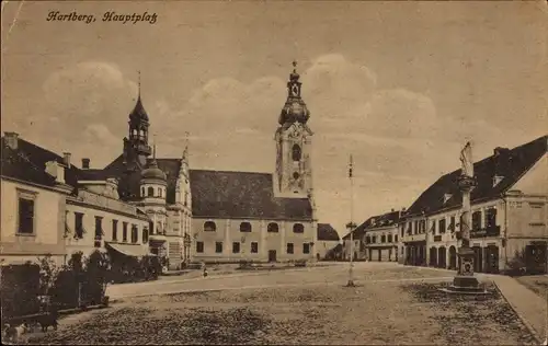 Ak Hartberg Steiermark, Hauptplatz, Mariensäule, Hotel zur Sonne, Kirche