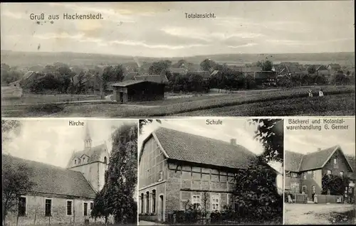 Ak Hackenstedt Holle in Niedersachsen, Totalansicht, Kirche, Schule, Bäckerei G. Germer