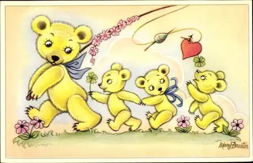 Künstler Ak Daester, Mary, Bärenmutter mit drei Jungen, Angel, Herz, Kleeblätter