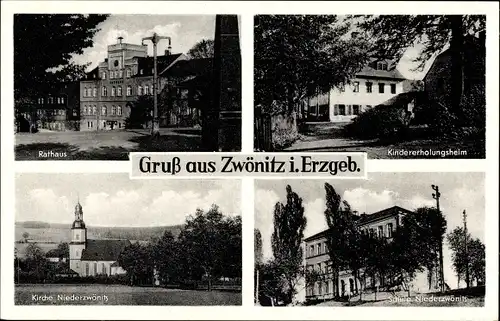 Ak Zwönitz im Erzgebirge Sachsen, Stadtansichten, Rathaus, Kindererholungsheim, Kirche, Schule