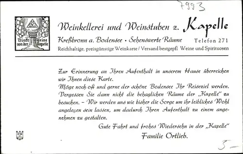 Ak Kressbronn im Bodenseekreis Baden Württemberg, Ansichten der Weinstube Zur Kapelle, Fam Ortlieb