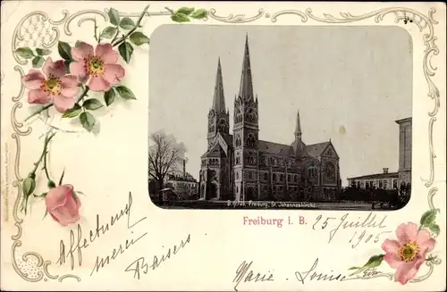 Passepartout Ak Freiburg im Breisgau Baden Württemberg, St. Johanneskirche, Rosenblüten