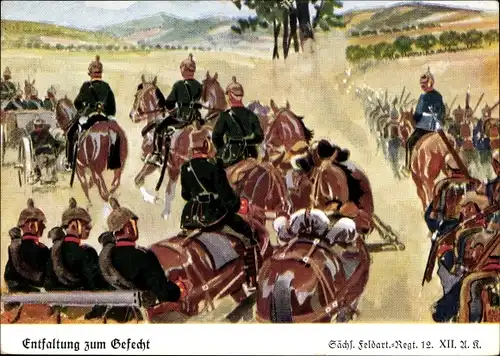 Künstler Ak Dresden, Sächsisches Feld-Artillerie-Regiment Nr.12 XII, Entfaltung zum Gefecht, Reiter