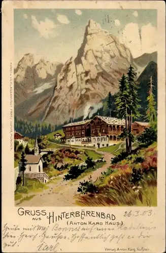 Litho Hinterbärenbad in Tirol, Blick auf das Anton Karg Haus und die Berge