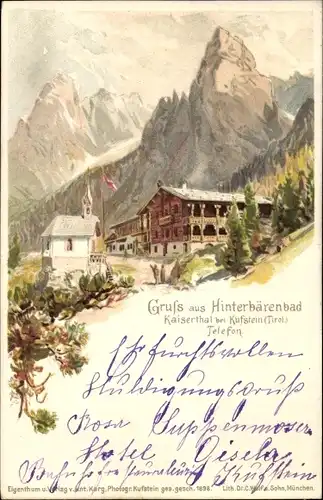 Litho Hinterbärenbad in Tirol, Blick auf die Kirche und ein Gebäude, Berge