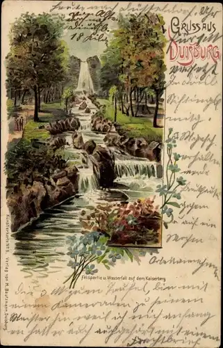 Litho Duisburg im Ruhrgebiet, Felspartie und Wasserfall auf dem Kaiserberg, Vergissmeinnicht