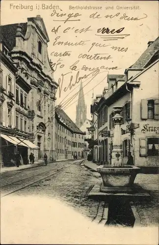 Ak Freiburg im Breisgau Baden Württemberg, Partie an der Bertholdtsraße, Springbrunnen, Universität