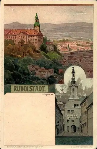 Künstler Litho Stagura, Albert, Rudolstadt Thüringen, Teilansicht der Stadt, Schloss und Ratskeller