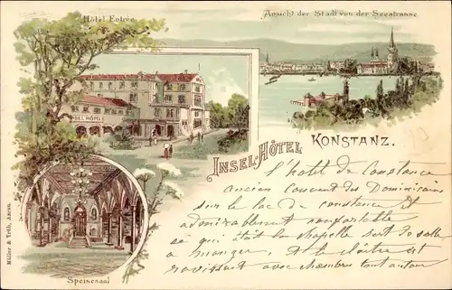 Litho Konstanz am Bodensee, Insel Hotel, Speisesaal, Ansicht der Stadt von der Seestraße