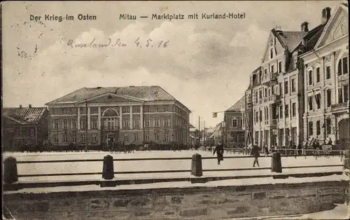 Ak Jelgava Mitau Lettland, Marktplatz mit Kurland Hotel