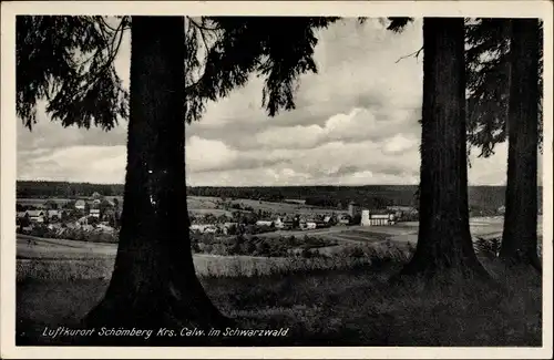 Ak Schömberg im Nordschwarzwald Kreis Calw, Blick durch den Wald auf den Ort mit Umgebung