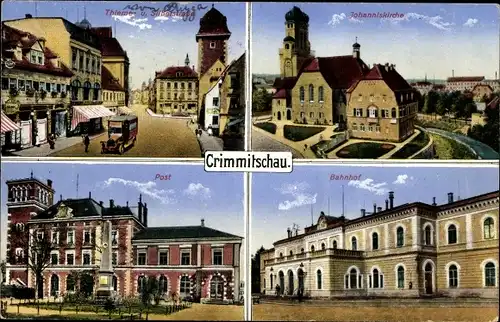 Ak Crimmitschau in Sachsen, Johanniskirche, Post, Bahnhof, Thiemestraße, Silberstraße