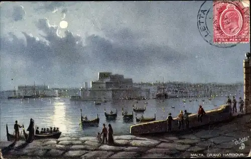Künstler Ak Malta, Grand Harbour, Hafenpartie bei Nacht, Tuck 7091
